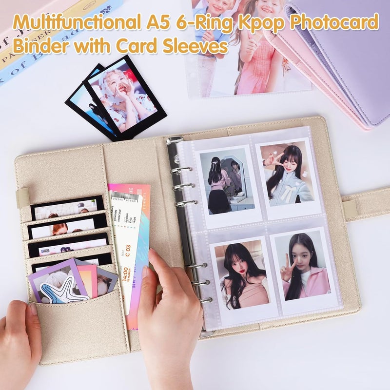 Antner A5 Kpop Photocard Binder 6-Ring Card Collector Album with 40 Pack Card Sleeves, PU Leather Photocard Holder Book with Multi-Size Photo Protectors for Organizing Trading Cards, Glitter Gold - Image 3